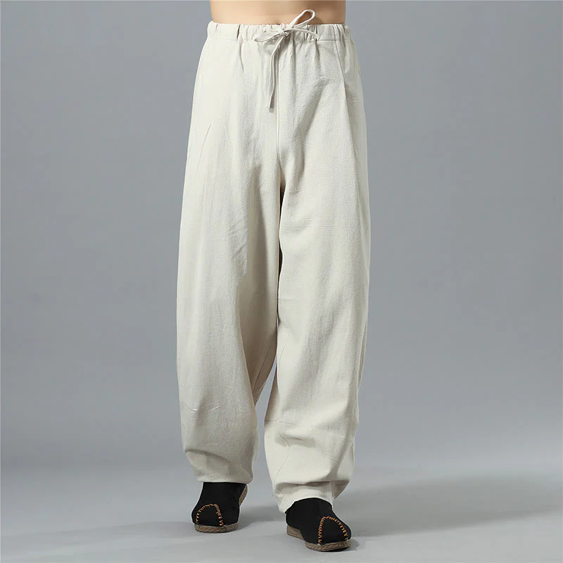 Pantaloni da uomo in lino di cotone con coulisse, casual, tinta unita, con tasche , Buddha Stones - Image 29