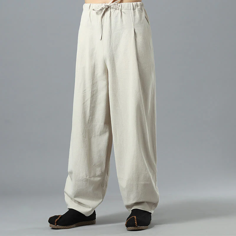 Pantaloni da uomo in lino di cotone con coulisse, casual, tinta unita, con tasche , Buddha Stones - Image 31