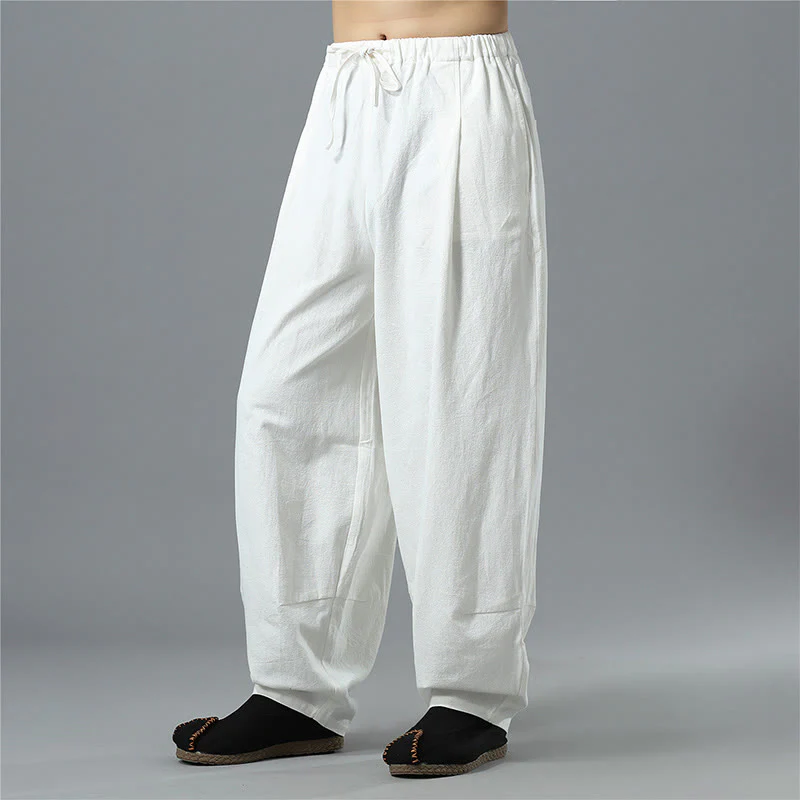 Pantaloni da uomo in lino di cotone con coulisse, casual, tinta unita, con tasche , Buddha Stones - Image 6