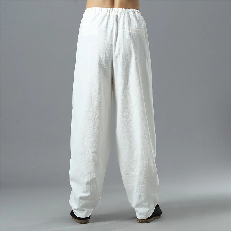 Pantaloni da uomo in lino di cotone con coulisse, casual, tinta unita, con tasche , Buddha Stones - Image 7