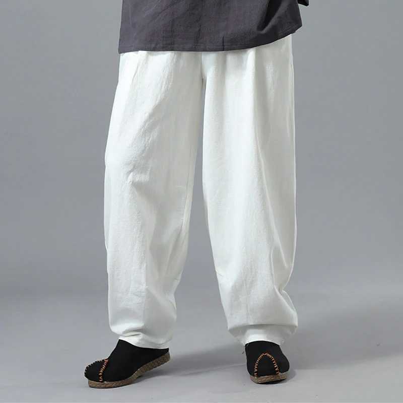 Pantaloni da uomo in lino di cotone con coulisse, casual, tinta unita, con tasche , Buddha Stones - Image 8