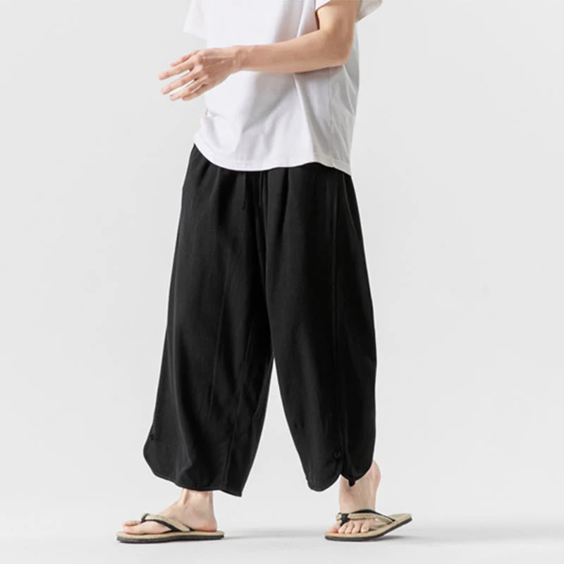 Pantaloni da uomo in lino e cotone con coulisse, lunghezza 7-8, con tasche, modello Buddha Stones Summer Plain - Image 20