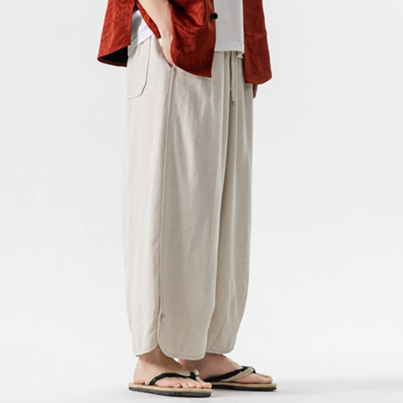 Pantaloni da uomo in lino e cotone con coulisse, lunghezza 7-8, con tasche, modello Buddha Stones Summer Plain - Image 6