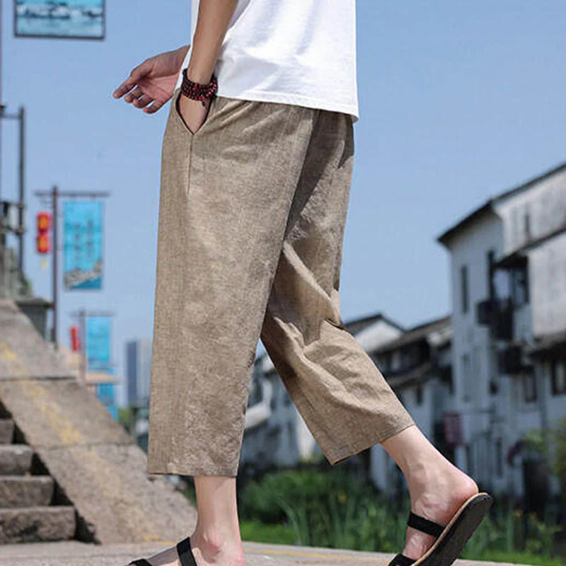 Pantaloni da uomo in spandex con tasche, lunghezza 7-8, con perline intrecciate e cordoncino in vita, stile casual, Buddha Stones - Image 15