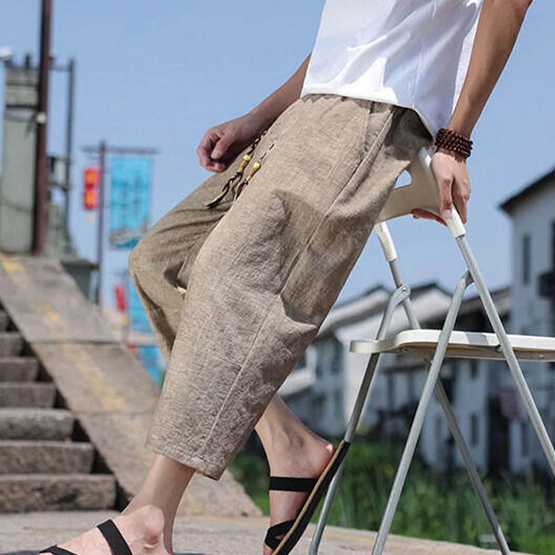 Pantaloni da uomo in spandex con tasche, lunghezza 7-8, con perline intrecciate e cordoncino in vita, stile casual, Buddha Stones - Image 17