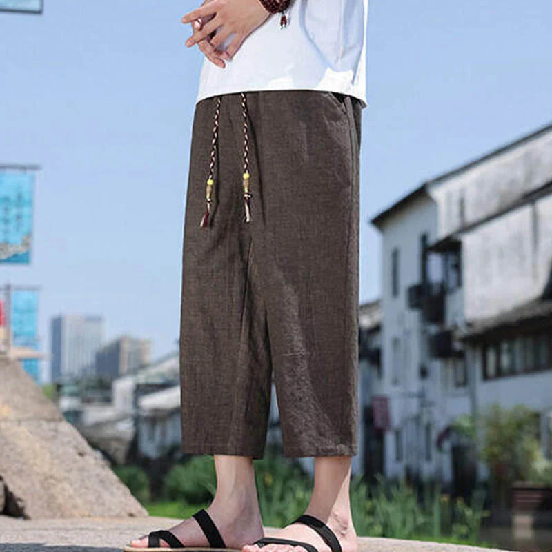 Pantaloni da uomo in spandex con tasche, lunghezza 7-8, con perline intrecciate e cordoncino in vita, stile casual, Buddha Stones - Image 20