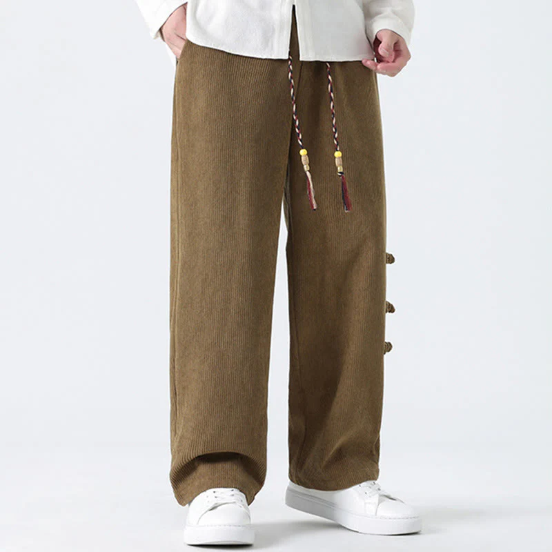 Pantaloni da uomo in velluto a coste con coulisse, tasche e bottoni a rana , Buddha Stones Fall Solid - Image 2