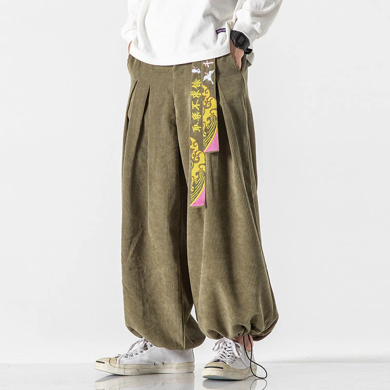 Pantaloni da uomo in velluto a coste con lacci e tasche, ricamo con caratteri cinesi, autunno inverno Buddha Stones - Image 10