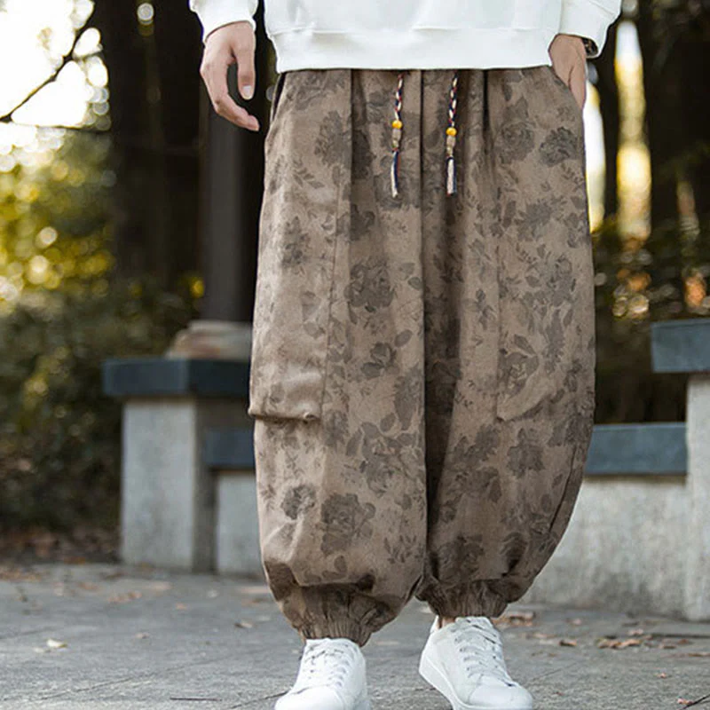 Pantaloni da uomo in velluto a coste di cotone casual con fiori Buddha Stones e grandi tasche - Image 10
