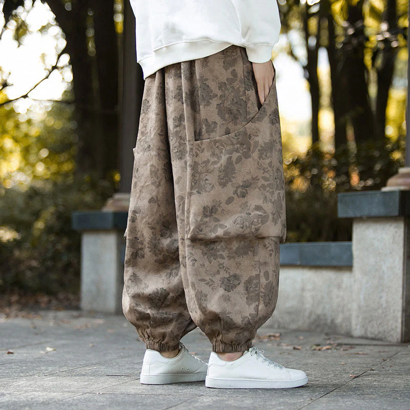 Pantaloni da uomo in velluto a coste di cotone casual con fiori Buddha Stones e grandi tasche - Image 6