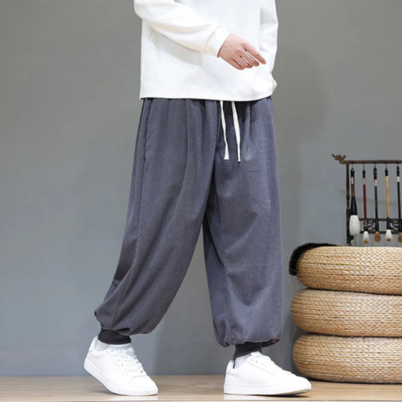 Pantaloni da uomo in velluto a coste di cotone con coulisse, modello semplice, modello Buddha Stones Fall Plain con tasche - Image 3