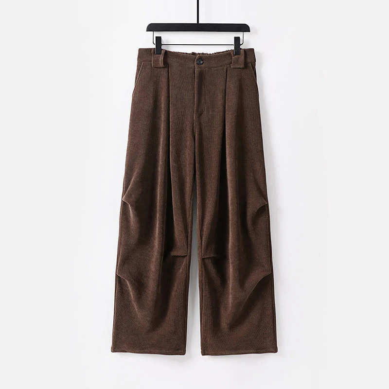 Pantaloni da uomo in velluto a coste di cotone con elastico in vita, gamba larga, tasche e bottoni invernali con cerniera Buddha Stones