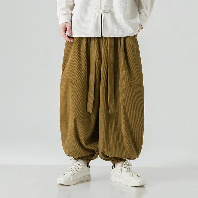 Pantaloni da uomo in velluto a coste di puro cotone con tasche, modello Harem, tinta unita, invernali, Buddha Stones - Image 18