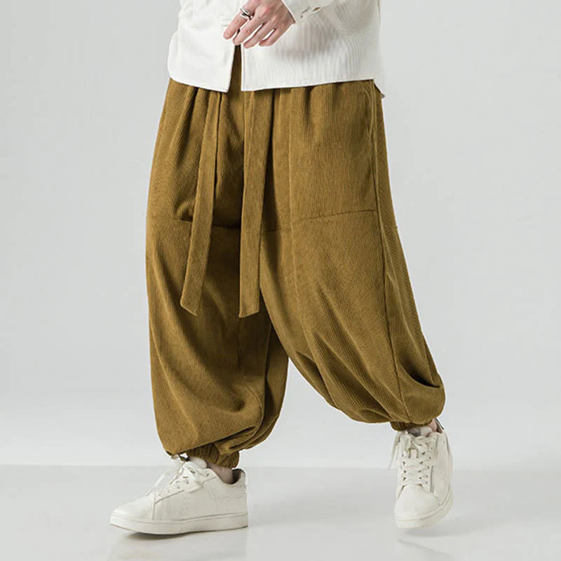 Pantaloni da uomo in velluto a coste di puro cotone con tasche, modello Harem, tinta unita, invernali, Buddha Stones - Image 19
