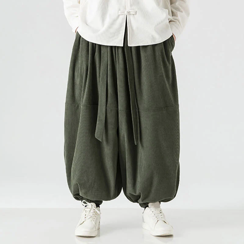 Pantaloni da uomo in velluto a coste di puro cotone con tasche, modello Harem, tinta unita, invernali, Buddha Stones - Image 2