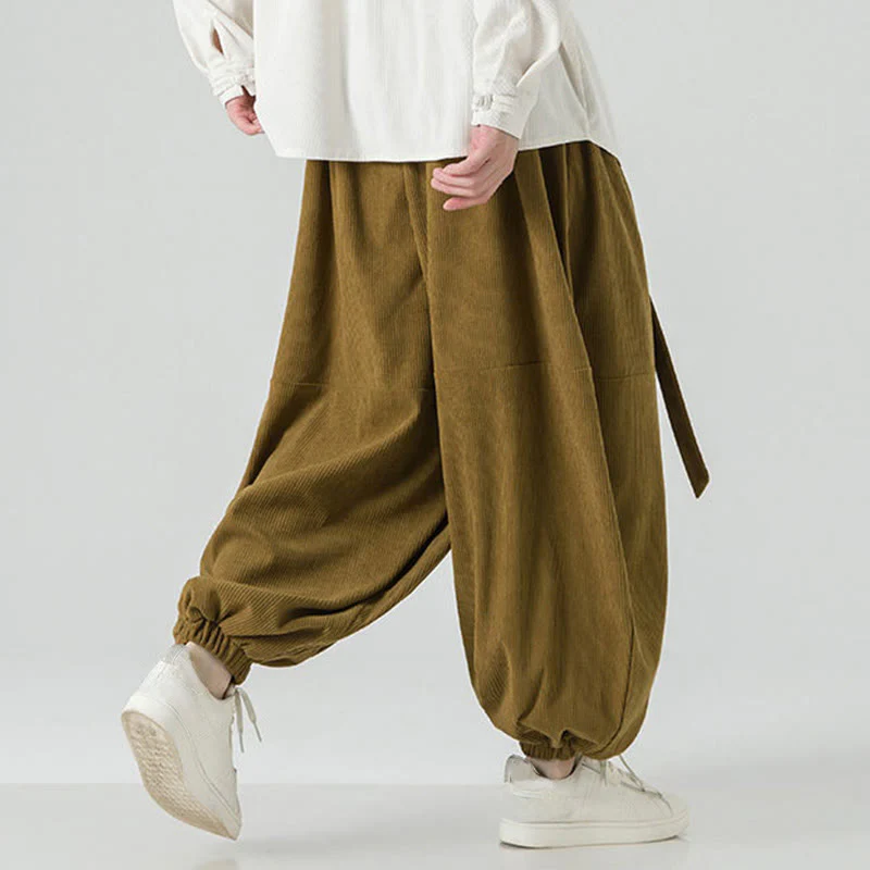Pantaloni da uomo in velluto a coste di puro cotone con tasche, modello Harem, tinta unita, invernali, Buddha Stones - Image 22