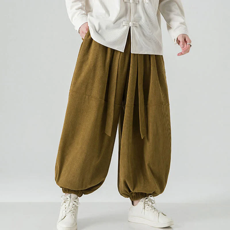 Pantaloni da uomo in velluto a coste di puro cotone con tasche, modello Harem, tinta unita, invernali, Buddha Stones - Image 24