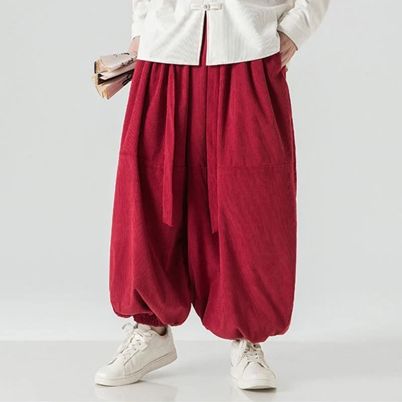 Pantaloni da uomo in velluto a coste di puro cotone con tasche, modello Harem, tinta unita, invernali, Buddha Stones - Image 27