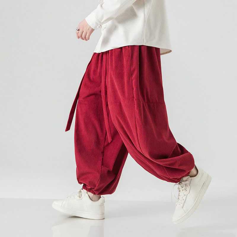 Pantaloni da uomo in velluto a coste di puro cotone con tasche, modello Harem, tinta unita, invernali, Buddha Stones - Image 28