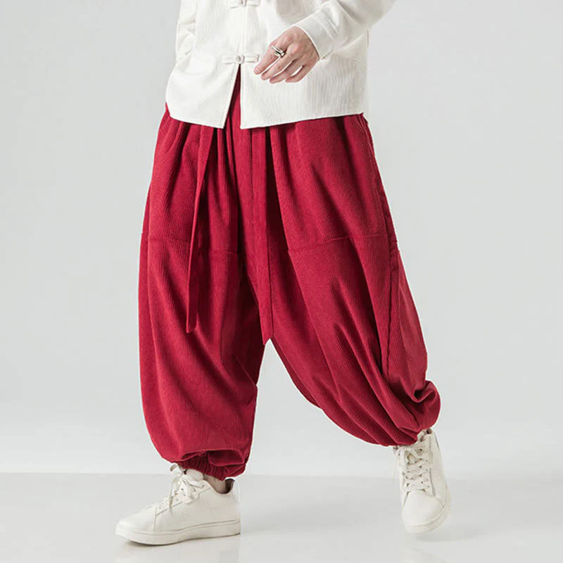 Pantaloni da uomo in velluto a coste di puro cotone con tasche, modello Harem, tinta unita, invernali, Buddha Stones - Image 29