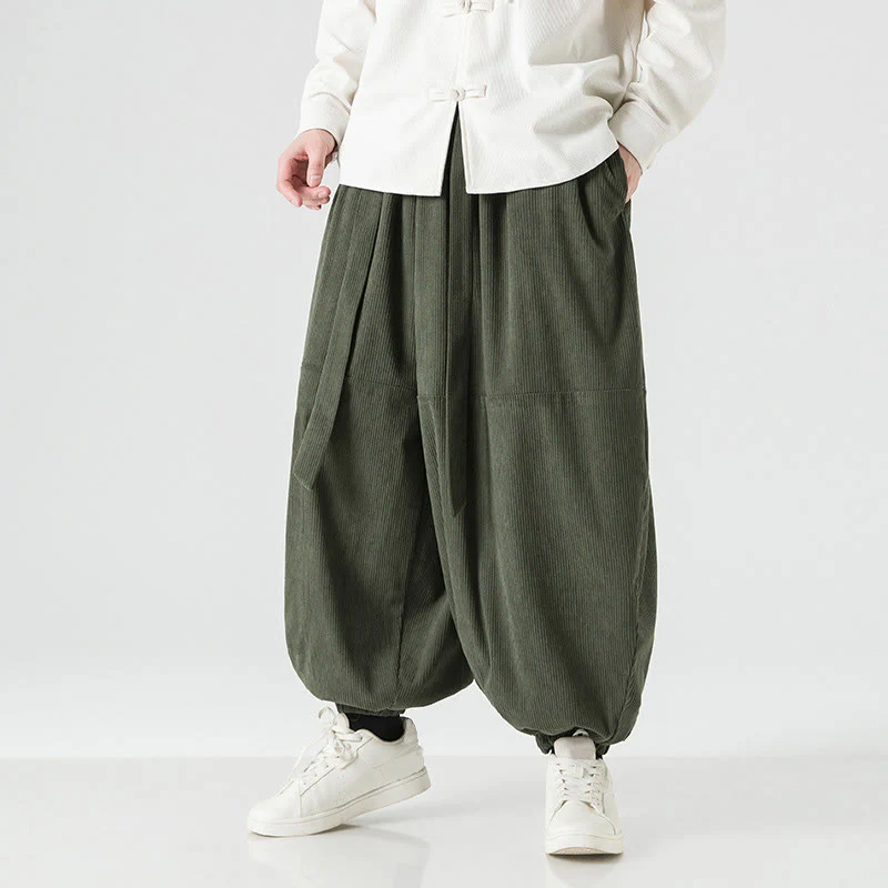 Pantaloni da uomo in velluto a coste di puro cotone con tasche, modello Harem, tinta unita, invernali, Buddha Stones - Image 3