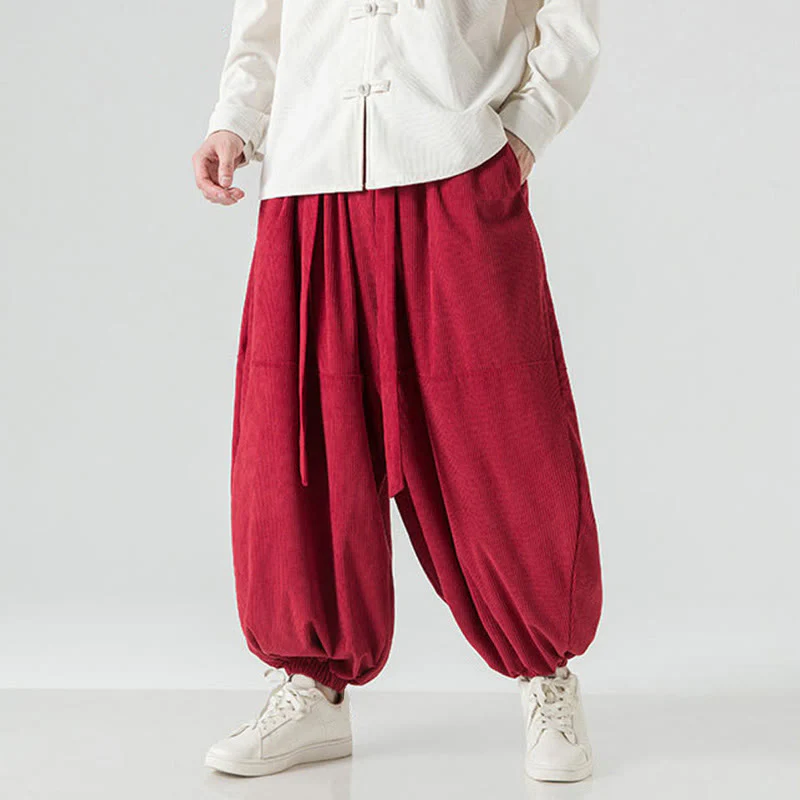 Pantaloni da uomo in velluto a coste di puro cotone con tasche, modello Harem, tinta unita, invernali, Buddha Stones - Image 30