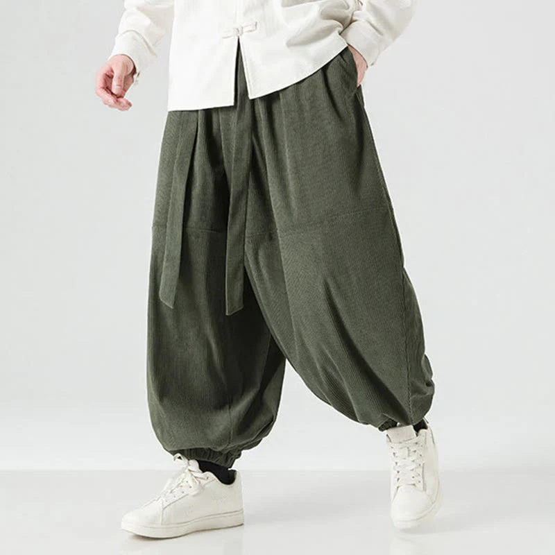 Pantaloni da uomo in velluto a coste di puro cotone con tasche, modello Harem, tinta unita, invernali, Buddha Stones - Image 4