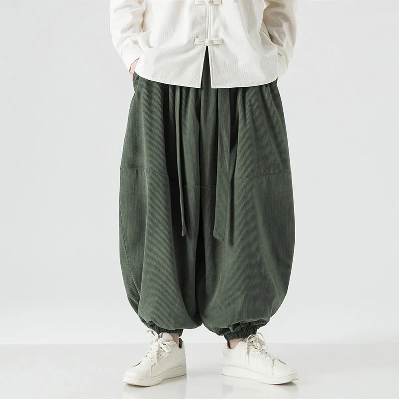 Pantaloni da uomo in velluto a coste di puro cotone con tasche, modello Harem, tinta unita, invernali, Buddha Stones - Image 5