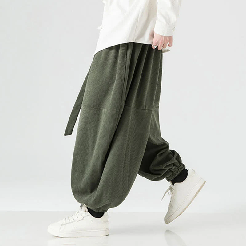 Pantaloni da uomo in velluto a coste di puro cotone con tasche, modello Harem, tinta unita, invernali, Buddha Stones - Image 6