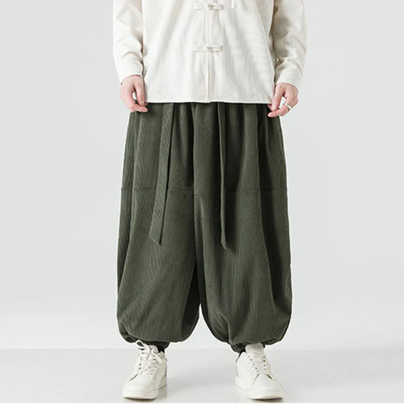 Pantaloni da uomo in velluto a coste di puro cotone con tasche, modello Harem, tinta unita, invernali, Buddha Stones - Image 7
