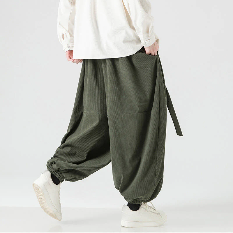 Pantaloni da uomo in velluto a coste di puro cotone con tasche, modello Harem, tinta unita, invernali, Buddha Stones - Image 8