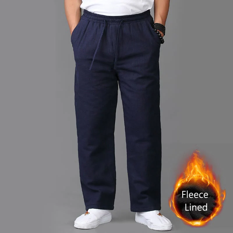 Pantaloni da uomo invernali in lino con coulisse e fodera in pile Buddha Stones con tasche