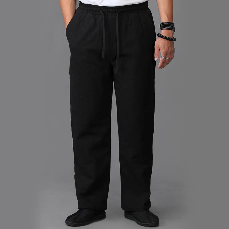 Pantaloni da uomo invernali in lino con coulisse e fodera in pile Buddha Stones con tasche - Image 10