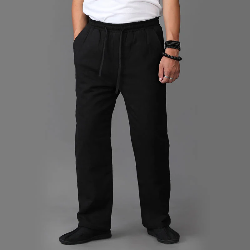 Pantaloni da uomo invernali in lino con coulisse e fodera in pile Buddha Stones con tasche - Image 11