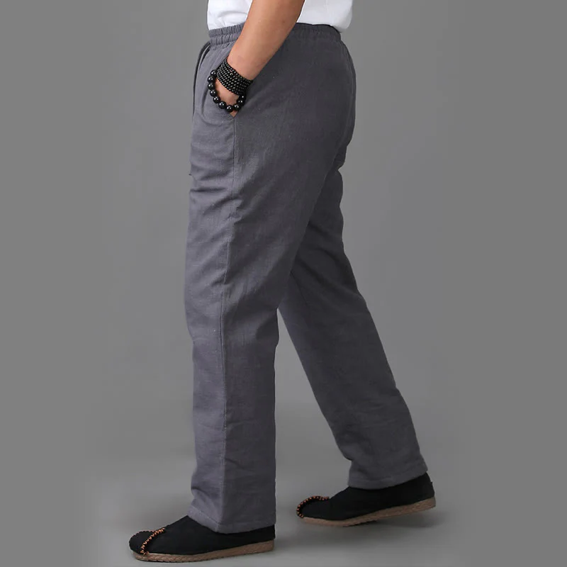 Pantaloni da uomo invernali in lino con coulisse e fodera in pile Buddha Stones con tasche - Image 14