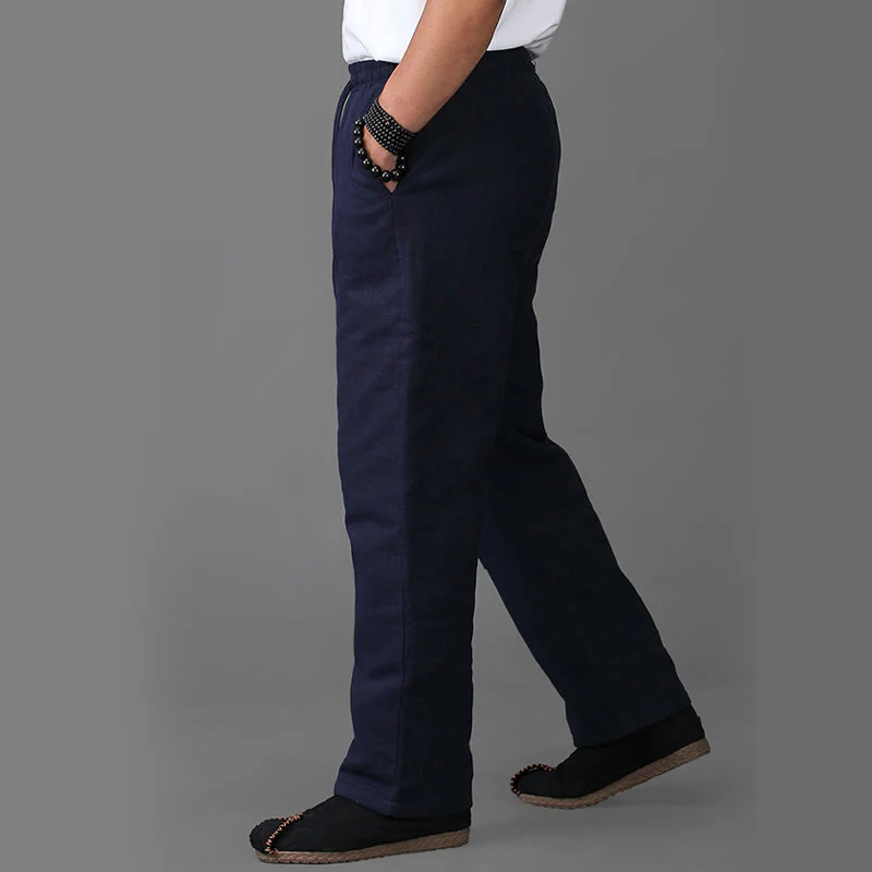 Pantaloni da uomo invernali in lino con coulisse e fodera in pile Buddha Stones con tasche - Image 4
