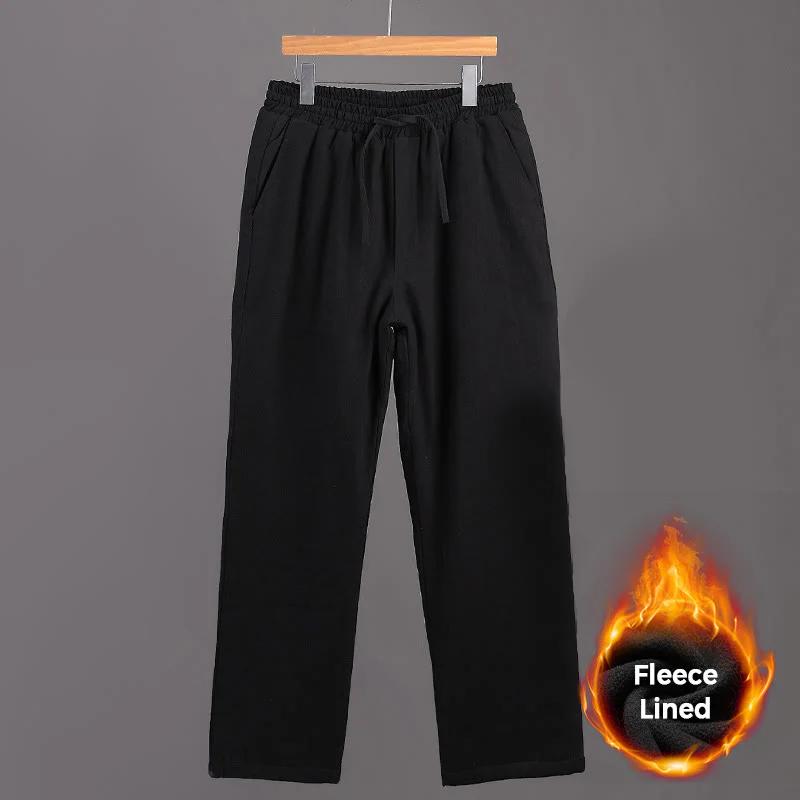 Pantaloni da uomo invernali in lino con coulisse e fodera in pile Buddha Stones con tasche - Image 9