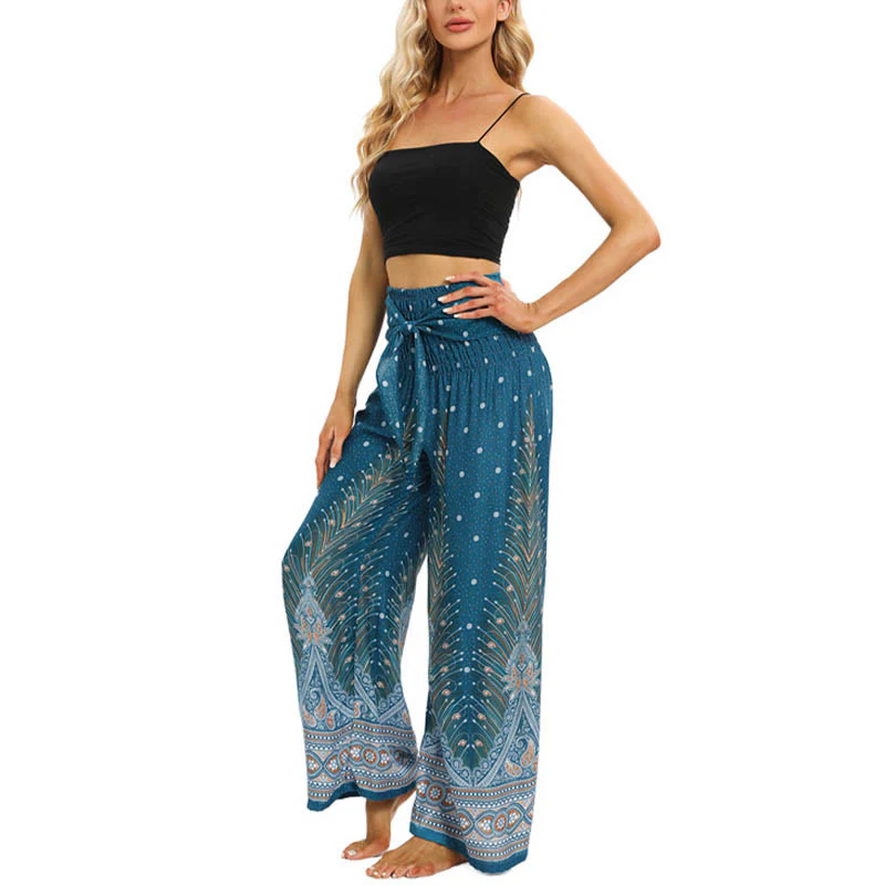 Pantaloni da yoga da donna con lacci e piume di pavone Boho Buddha Stones - Image 15