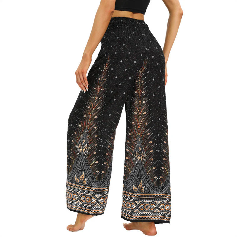 Pantaloni da yoga da donna con lacci e piume di pavone Boho Buddha Stones - Image 3