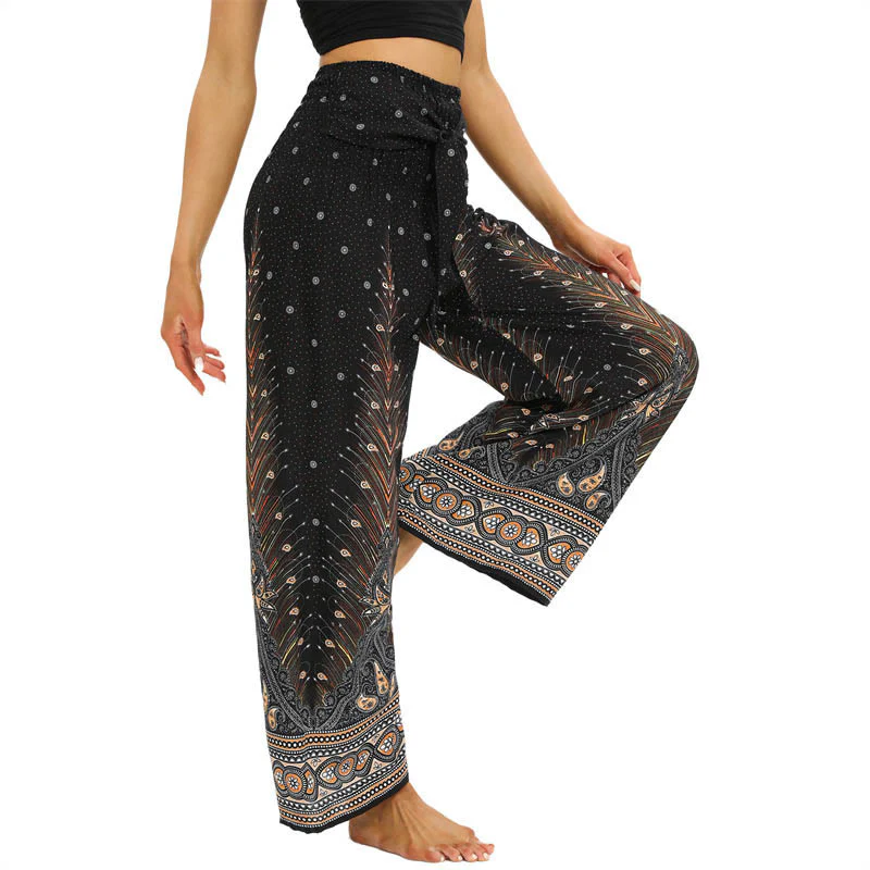 Pantaloni da yoga da donna con lacci e piume di pavone Boho Buddha Stones - Image 5