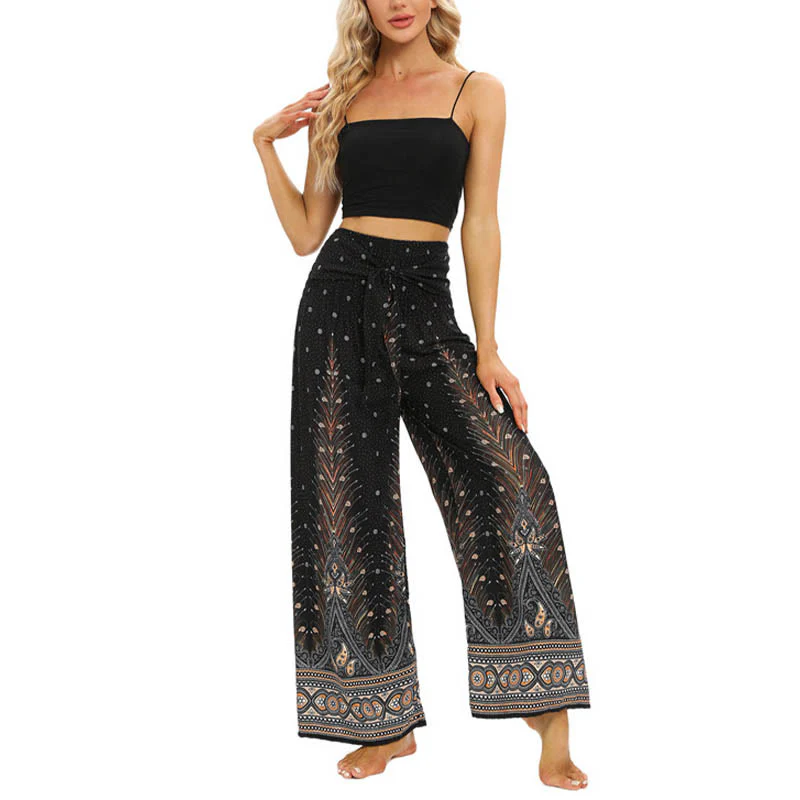 Pantaloni da yoga da donna con lacci e piume di pavone Boho Buddha Stones - Image 7