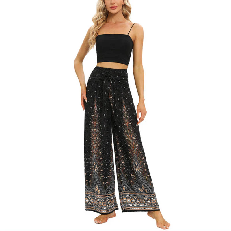 Pantaloni da yoga da donna con lacci e piume di pavone Boho Buddha Stones - Image 9