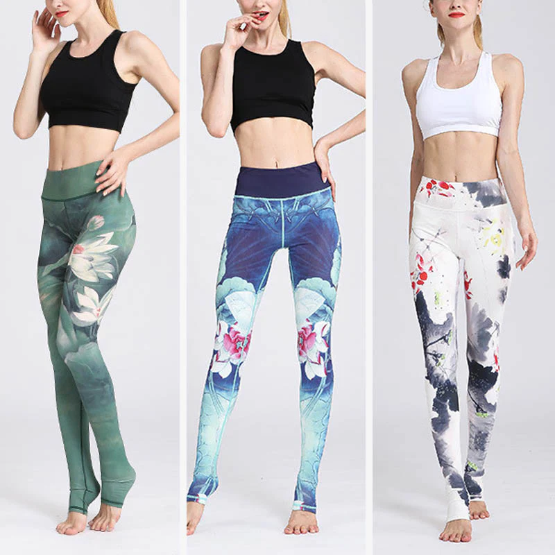 Pantaloni da yoga sportivi da donna con stampa di fiori di loto Buddha Stones - Image 33