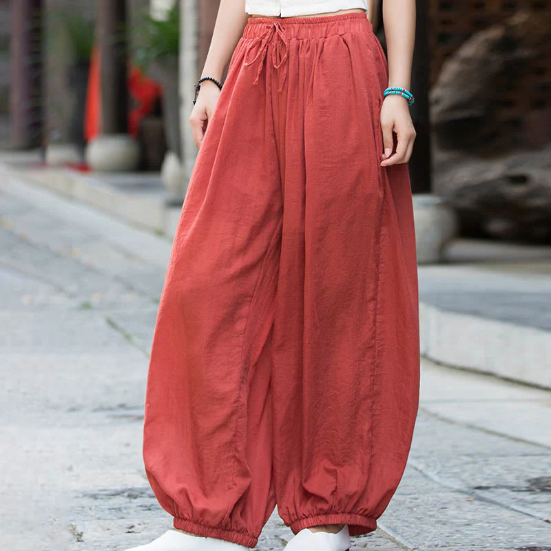 Pantaloni estivi in lino tinta unita con coulisse e tasche Buddha Stones - Image 29
