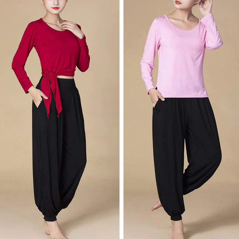 Pantaloni harem a vita alta con tasche, in modal tinta unita, per yoga e danza, Buddha Stones - Image 10