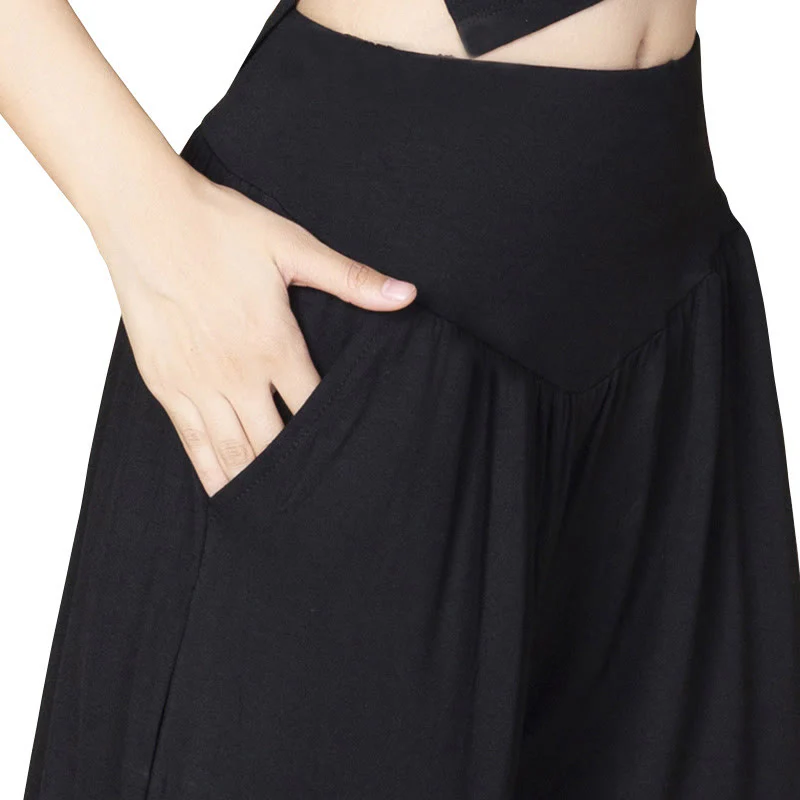 Pantaloni harem a vita alta con tasche, in modal tinta unita, per yoga e danza, Buddha Stones - Image 11