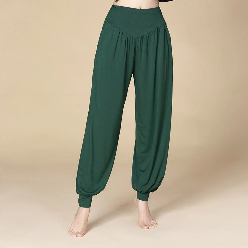 Pantaloni harem a vita alta con tasche, in modal tinta unita, per yoga e danza, Buddha Stones - Image 13