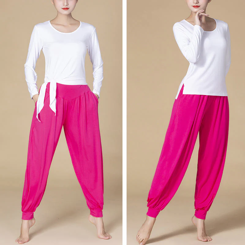 Pantaloni harem a vita alta con tasche, in modal tinta unita, per yoga e danza, Buddha Stones - Image 17