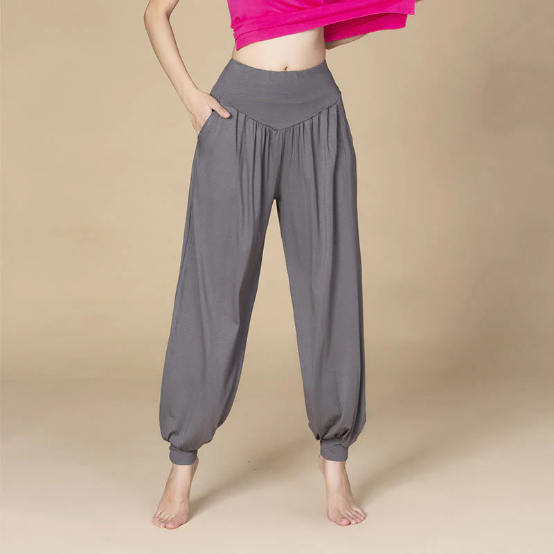 Pantaloni harem a vita alta con tasche, in modal tinta unita, per yoga e danza, Buddha Stones - Image 22