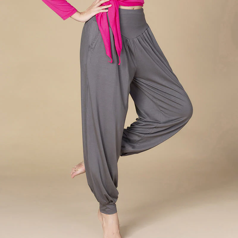 Pantaloni harem a vita alta con tasche, in modal tinta unita, per yoga e danza, Buddha Stones - Image 23